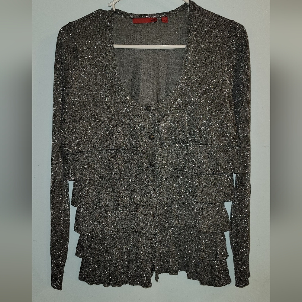 Brand RED Black Gray Silver sweater ruffles buttons up front Cardigan